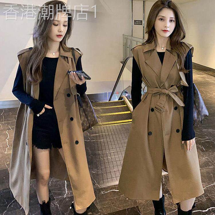 专柜秋新款风衣女长款过膝外套宽松收腰风衣马甲西装打底两件套潮