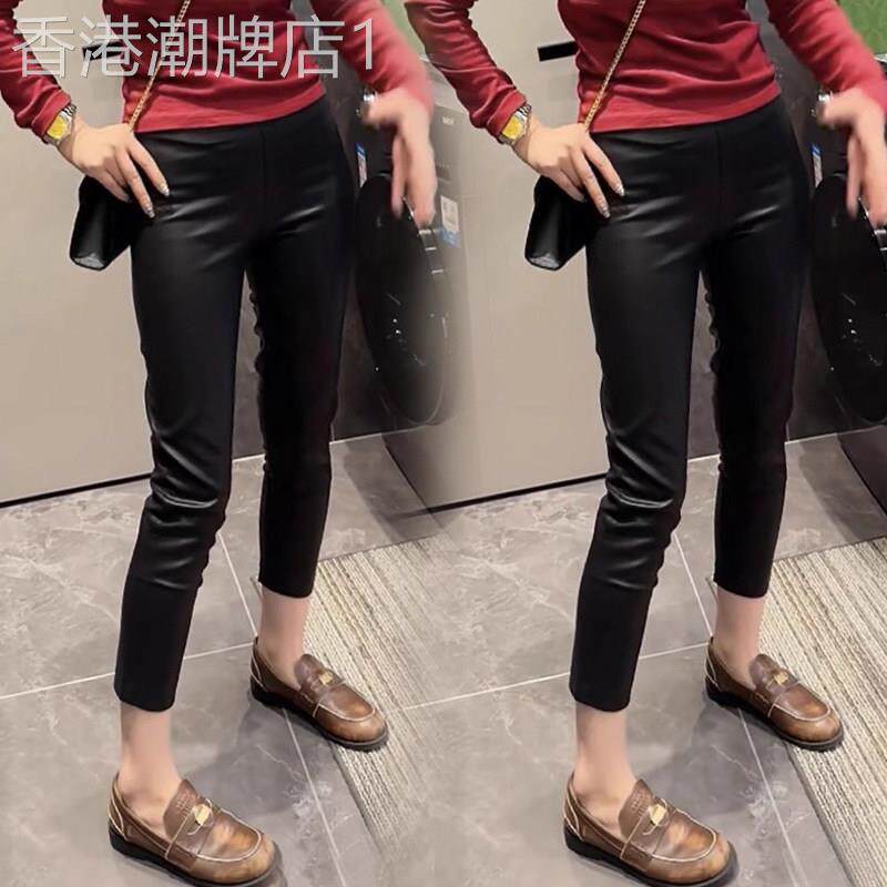 PU皮裤女春秋欧货松紧腰修身显瘦铅笔裤弹力时尚打底仿羊皮九分裤