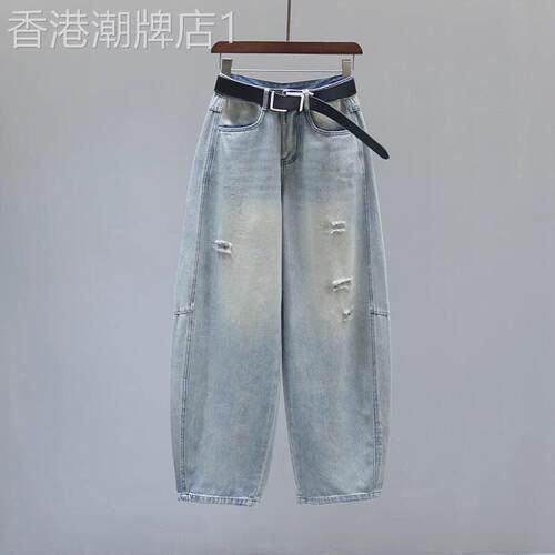 潮牌复古做旧高腰弯刀牛仔裤女夏季2025年新款破洞宽松阔腿镰刀裤