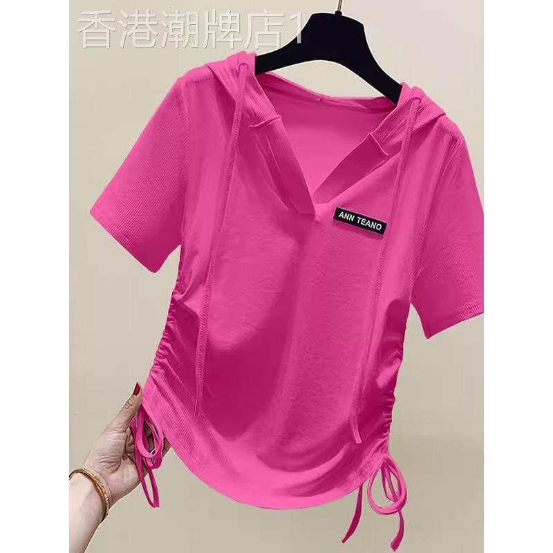 冰丝连帽短袖t恤妇女的新夏季苗条Look韩国风格时尚不对称拉绳底