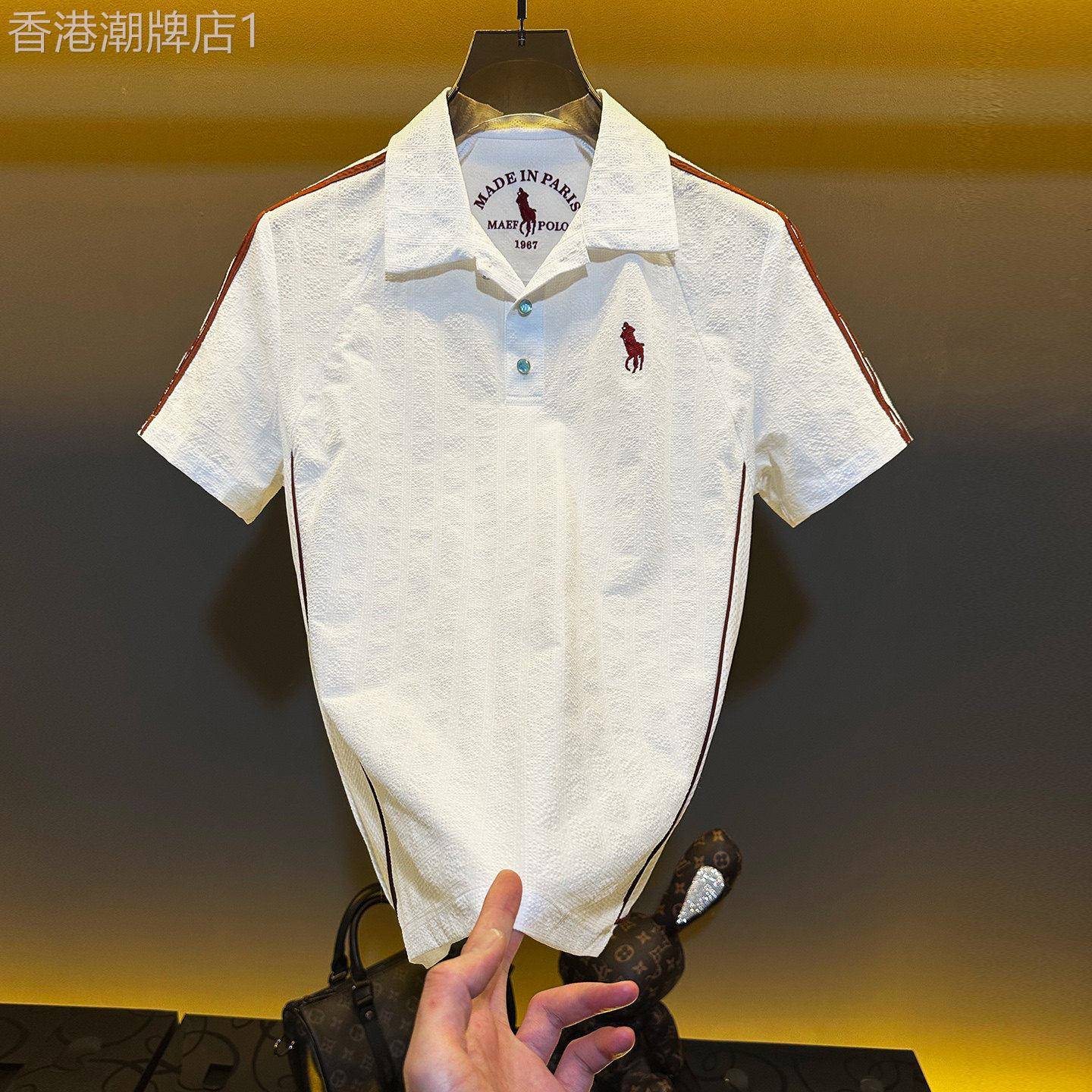 潮牌新款轻奢老钱风POLO衫男士夏季欧洲站高端泡泡纱刺绣短袖上衣