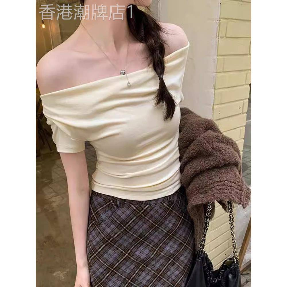 法式设计感荡领一字肩短袖T恤女夏季修身辣妹紧身露肩短款小上衣