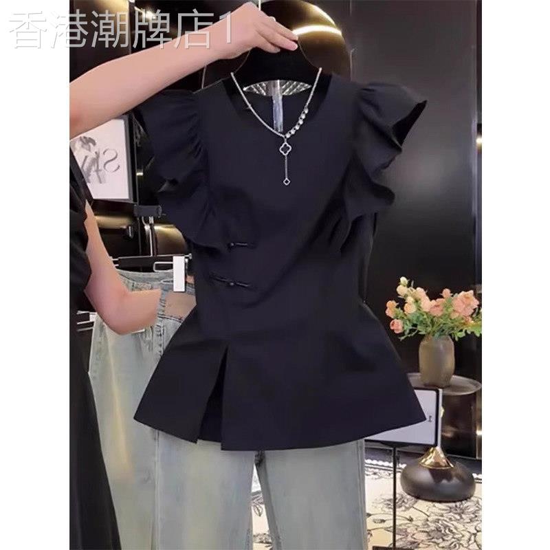 黑色短袖衬衫女夏季薄款2025新款大码显瘦设计感荷叶边小飞袖上衣