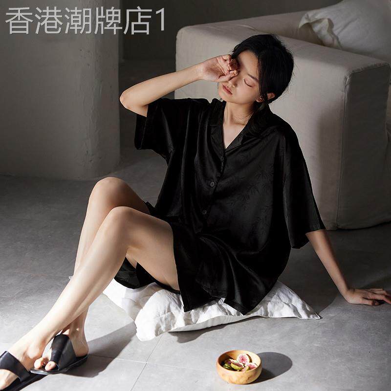 睡衣女士夏季冰丝短袖家居服夏款真丝中国风新中式黑色高级感套装