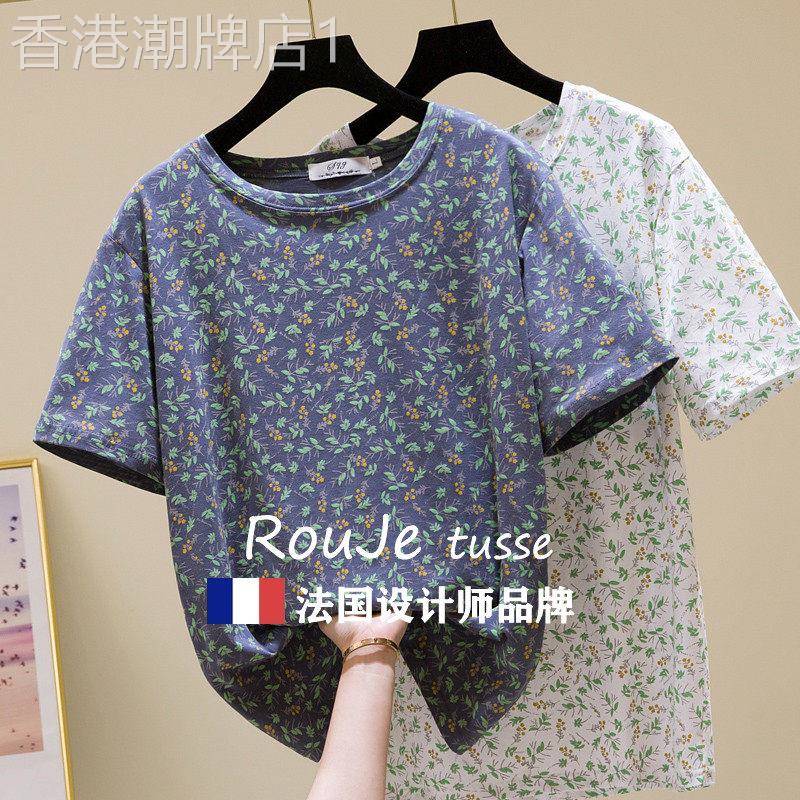法国Rouje tusse宽松纯棉圆领T恤夏季大尺码女装休闲 短袖碎花打