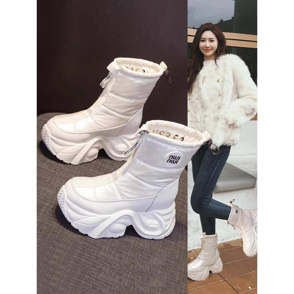 香港防水雪地靴女款2025新款冬季加绒加厚底内增高马丁靴子大棉鞋