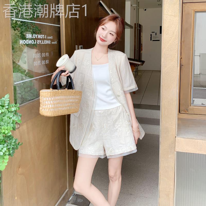 高级感刺绣短袖西装套装女夏2026新款轻薄气质精致短裤时尚两件套
