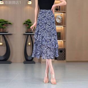 垂坠感半身裙长裙女夏薄款2026新款高腰显瘦鱼尾裙雪纺荷叶边包裙
