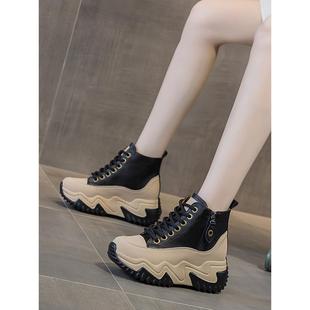 米色短靴内增高8CM厚底坡跟高帮女鞋休闲侧拉炼女鞋秋冬加绒棉鞋