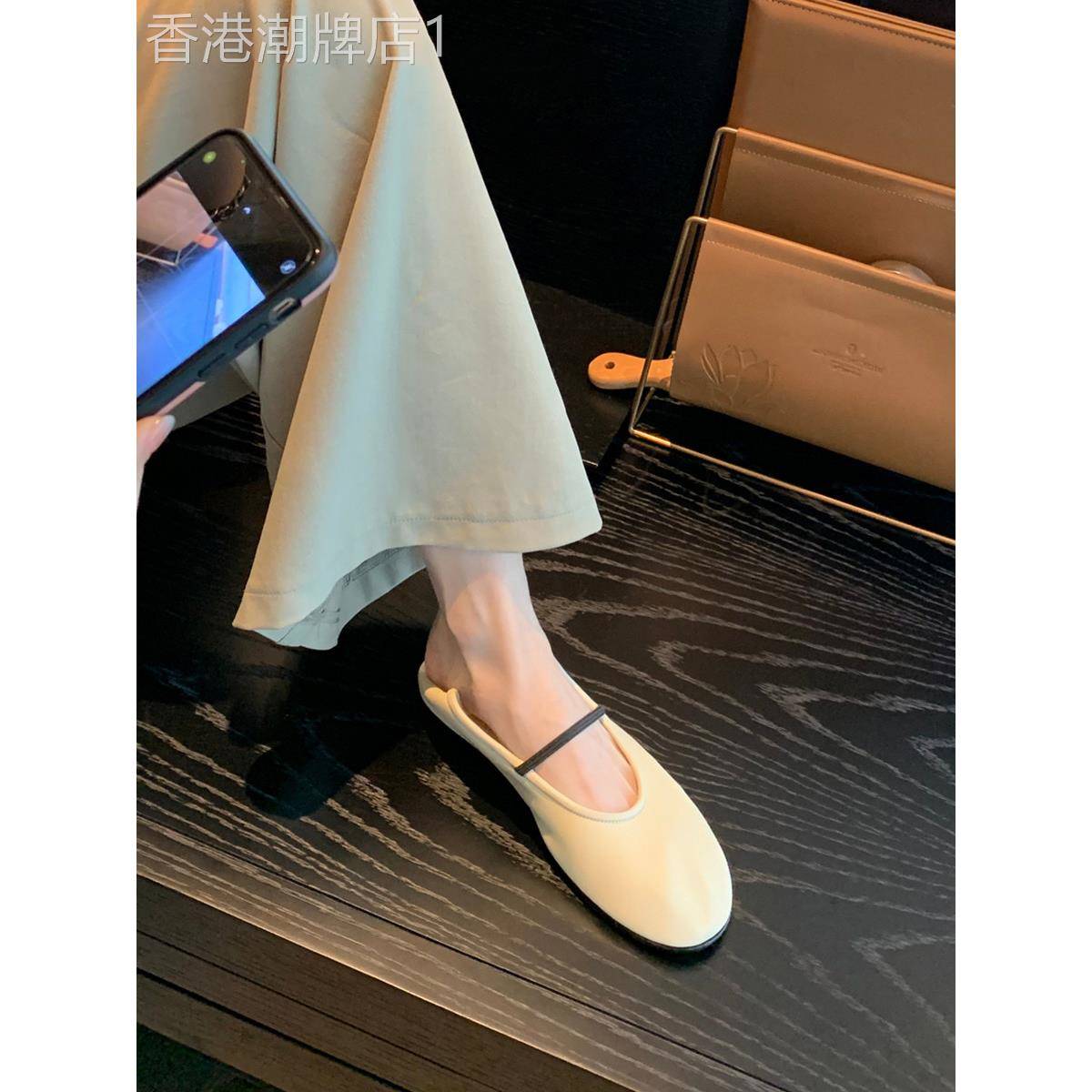 香港羊皮软皮软底奶奶鞋女士浅口平底鞋白带芭蕾舞鞋