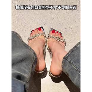 香港透明水晶高跟鞋，夏季水钻凉鞋，厚跟凉鞋，女式外穿，时尚，