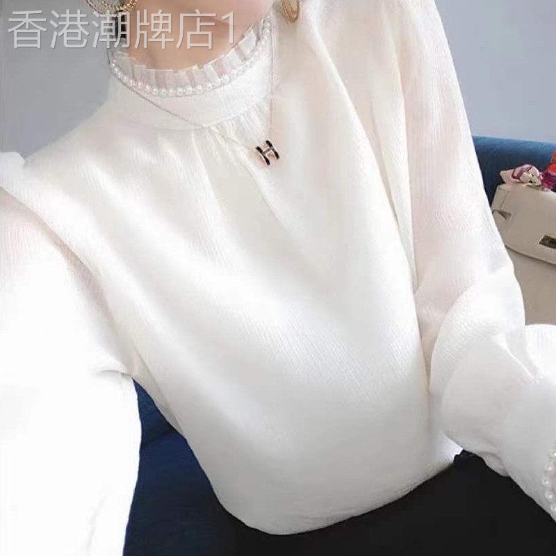 白色雪纺衬衫女长袖春秋2025年新款时尚洋气蕾丝打底衫木耳边上衣