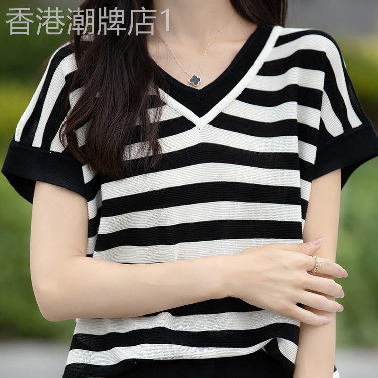 韩国夏季薄款条纹天丝针织短袖V领拼色宽松T恤女百搭冰丝显瘦上衣