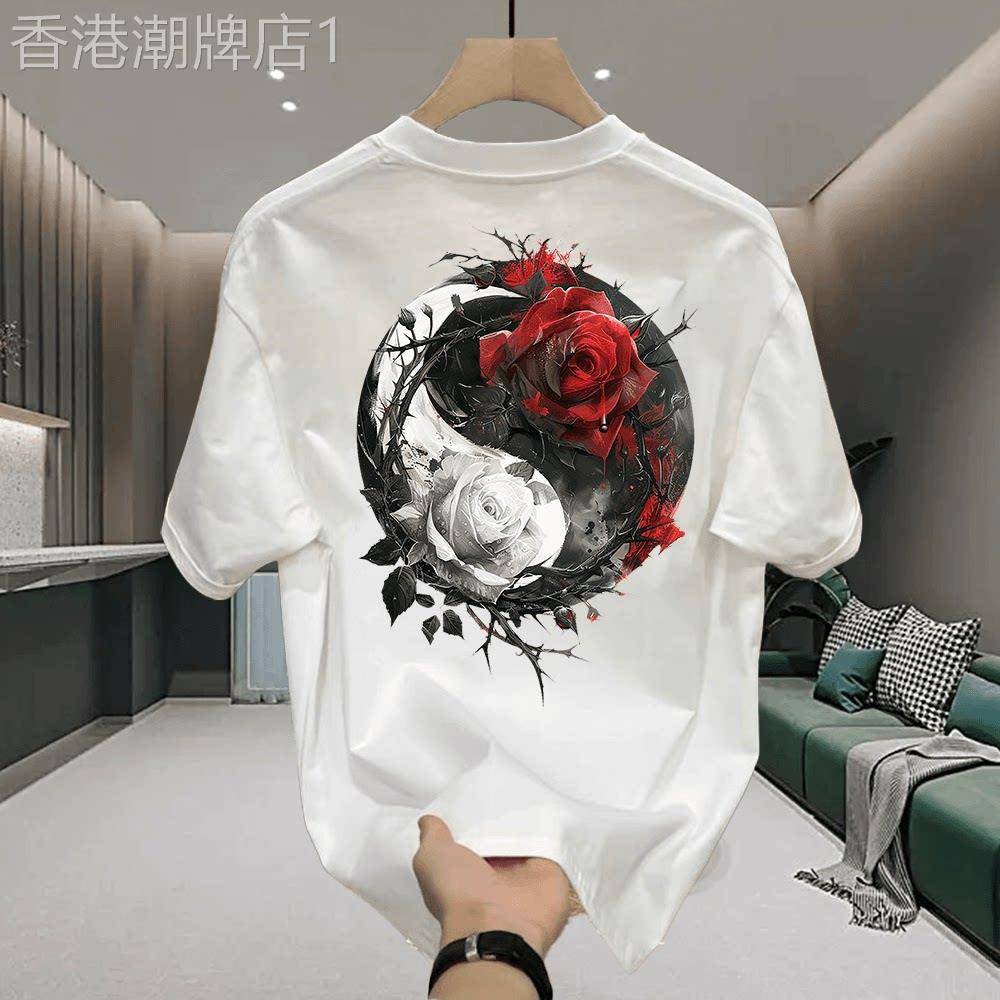 出口美国⭐Chrisma Katch~美式痞帅纯棉短袖玫瑰太极印花宽松上衣