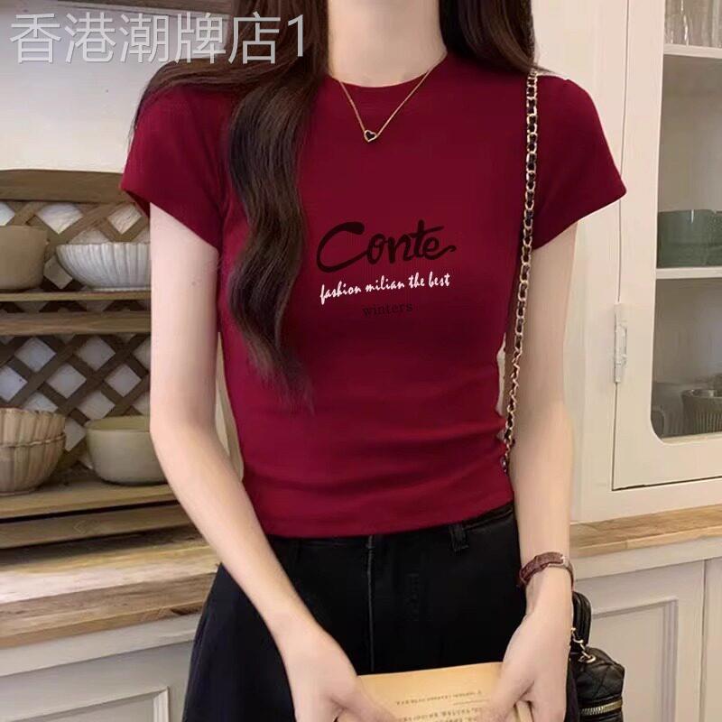酒红色纯棉短袖T恤女2026新款夏季字母印花圆领修身热辣美式上衣