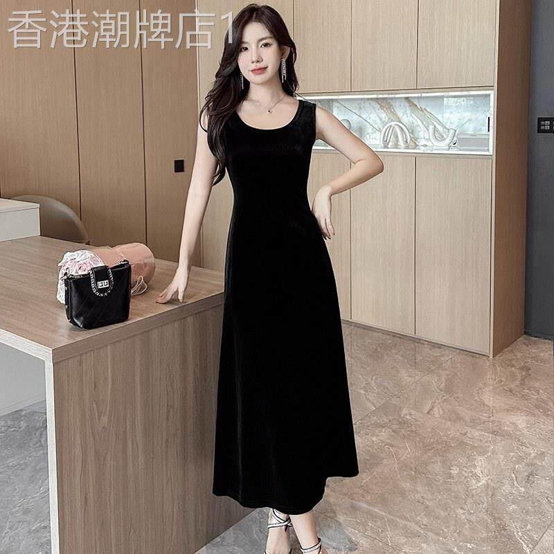 金丝绒洋装女秋欧货爆款长裙背心打底裙修身显瘦吊带a字小黑裙