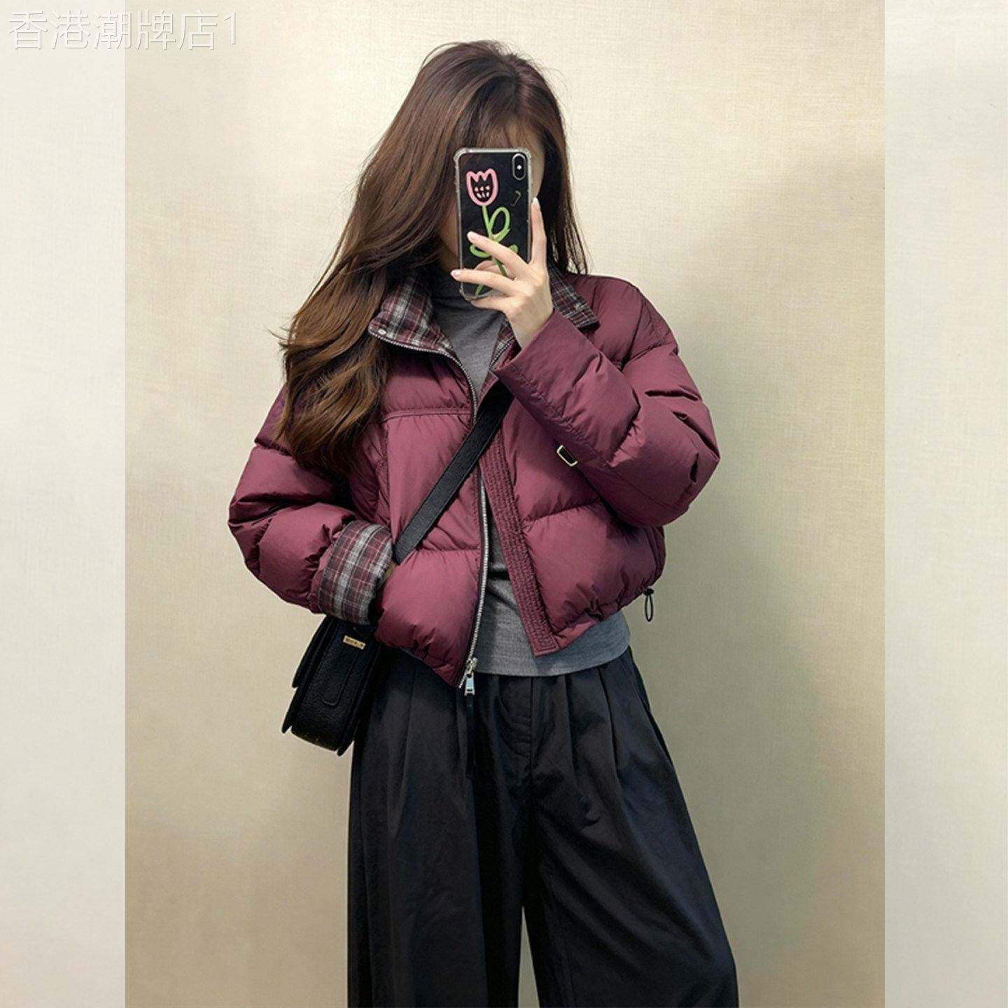 2026巨好看的红色格子翻领羽绒衣女冬小个子短款面包服厚外套棉袄