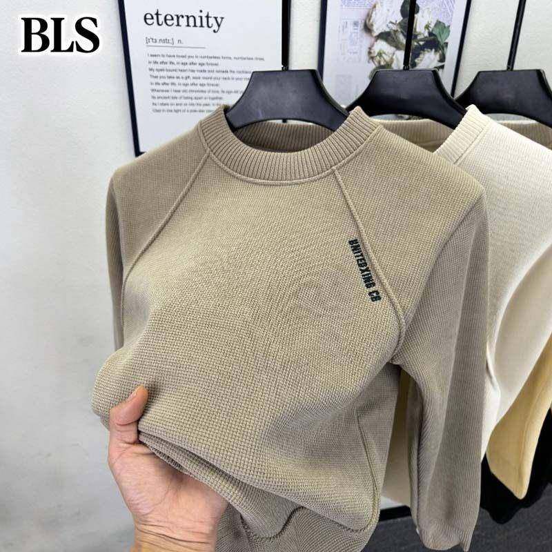 高端一体绒圆领卫衣男款冬季2025新款加绒加厚休闲拼接刺绣打底衫