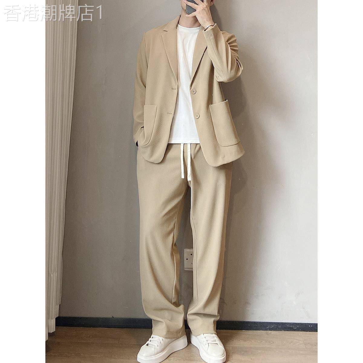 西装套装男士春秋季高级感轻商务条纹翻领休闲西服男装搭配一整套