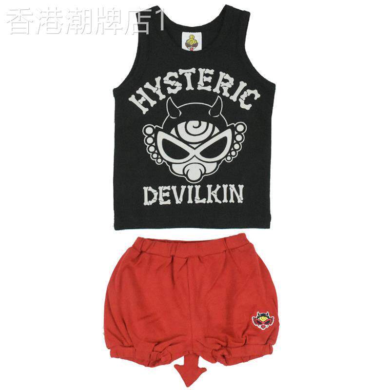 日系潮牌黑超奶嘴夏装小恶魔无袖背心男女童纯棉尾巴短裤休闲套装