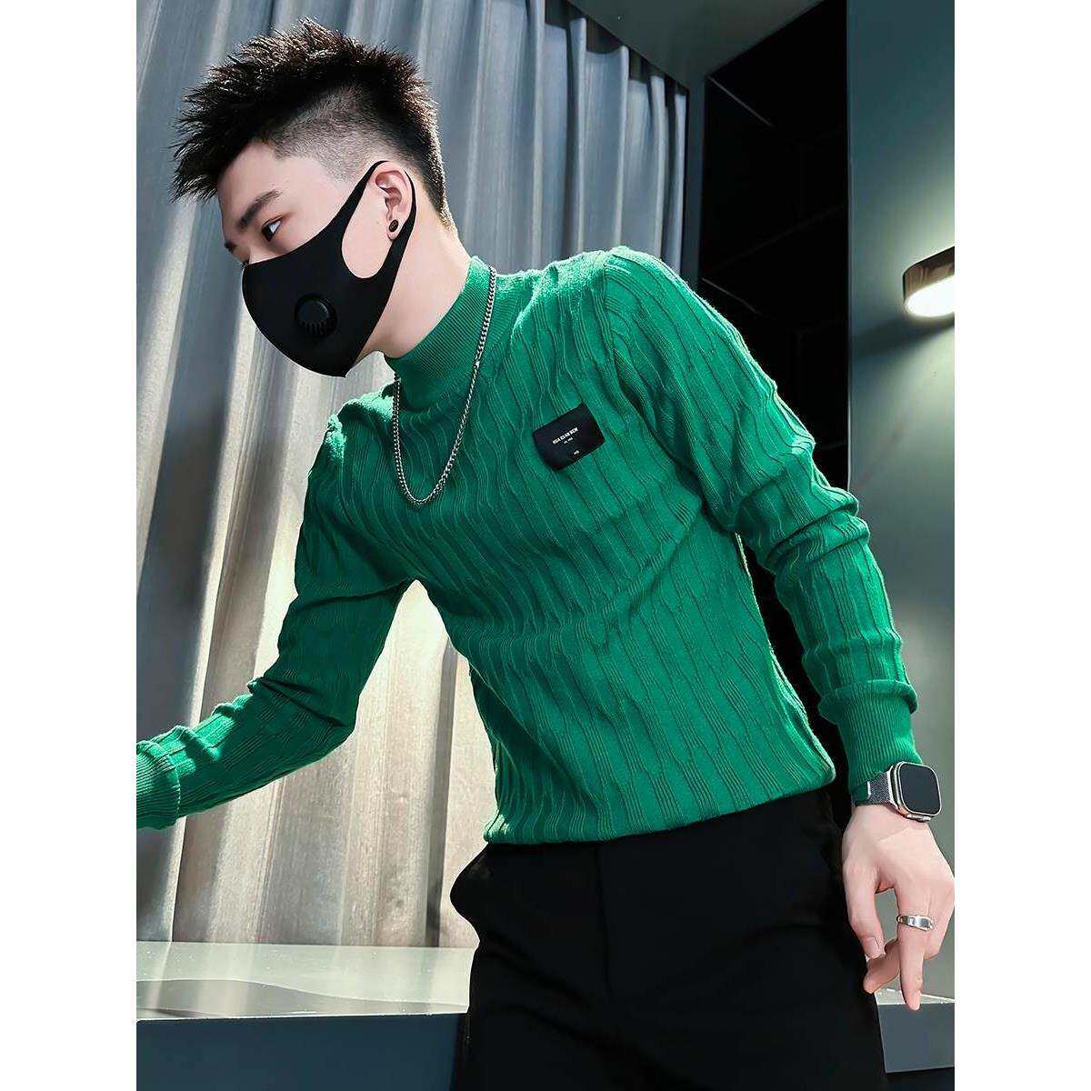 潮牌高级感半高领修身毛衣男款秋冬季新款痞帅保暖内搭针织打底衫