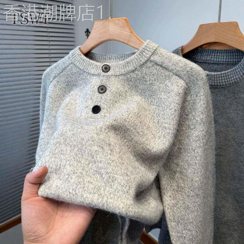 高端轻奢圆领毛衣男士秋冬新款加厚纯色套头针织衫户外休闲上衣