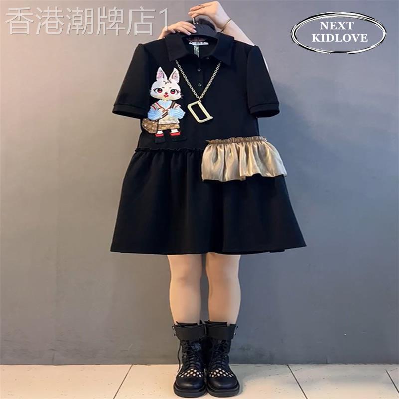 香港欧货大尺码女装polo领短袖洋装胖mm遮肉减龄卡通T恤裙子夏装