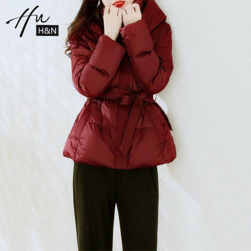 短款小个子高端羽绒服女冬季复古红亮面连帽系带白鹅绒加厚外套女