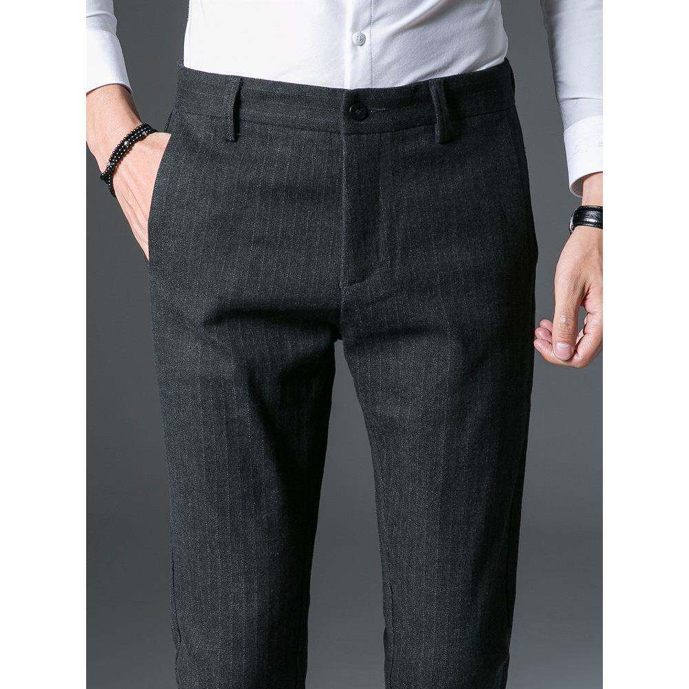 TWG秋冬季毛呢裤子男士条纹休闲裤修身小脚商务直筒西裤磨毛男裤