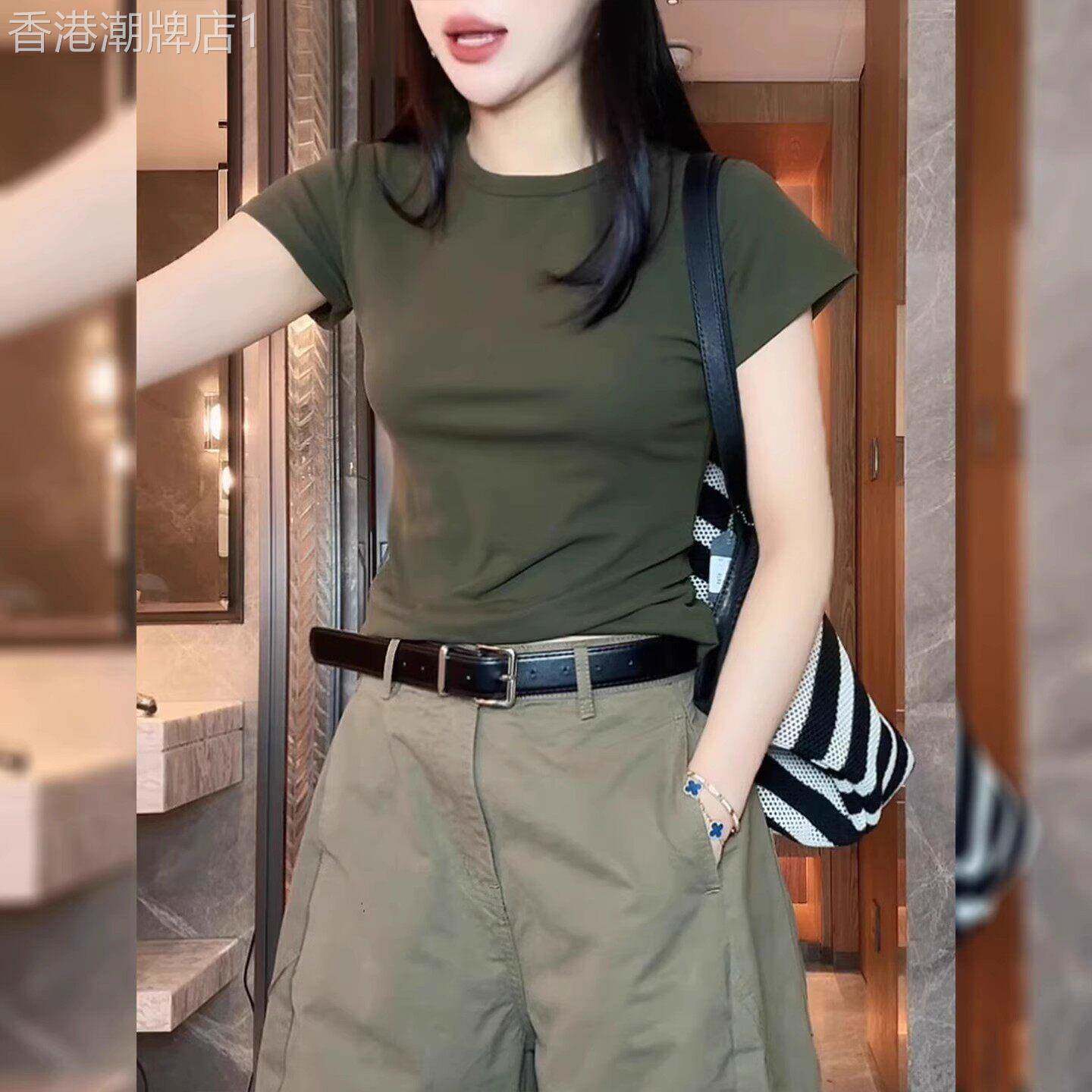 复古军绿色正肩短袖t恤女夏圆领T恤2026年新款韩系修身显瘦上衣