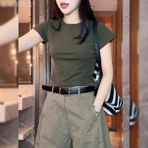 复古军绿色正肩短袖t恤女夏圆领T恤2026年新款韩系修身显瘦上衣