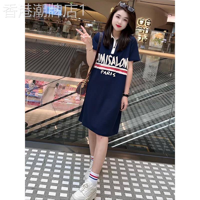 街头风字母印花Polo领洋装女夏季欧货短袖百搭减龄显瘦T恤裙子