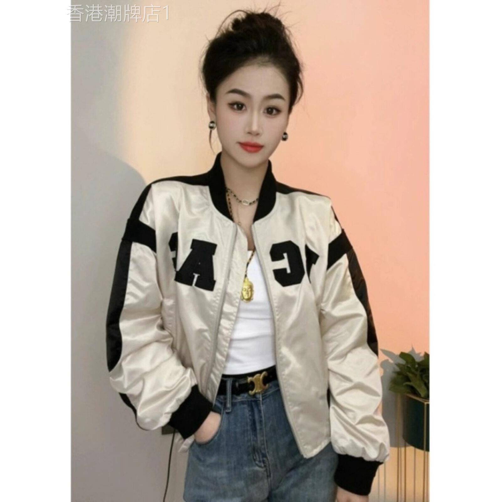 美式棒球服外套女2025新款春秋款立领宽松小个子短款夹克拼色上衣