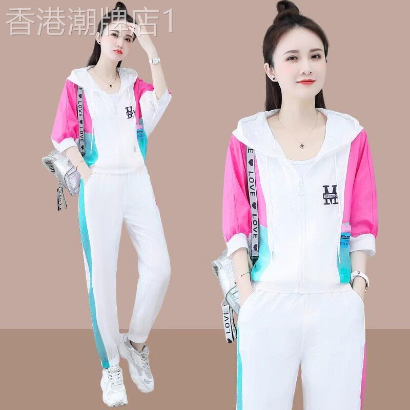 时尚运动休闲套装女夏装2026新款洋派减龄冰丝防晒开衫厚棉T两件