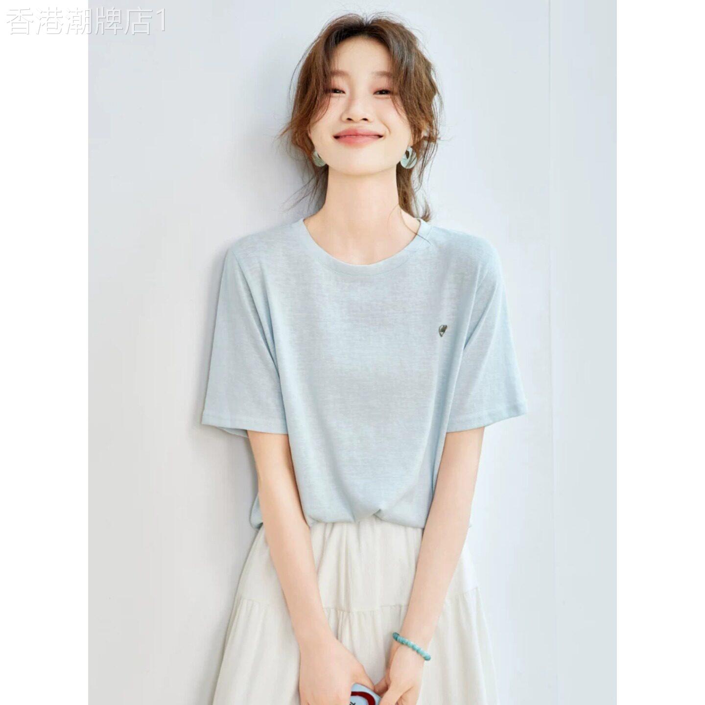 Canary Kiss浅蓝色圆领T恤女2026夏新款韩版刺绣宽松休闲正肩上衣