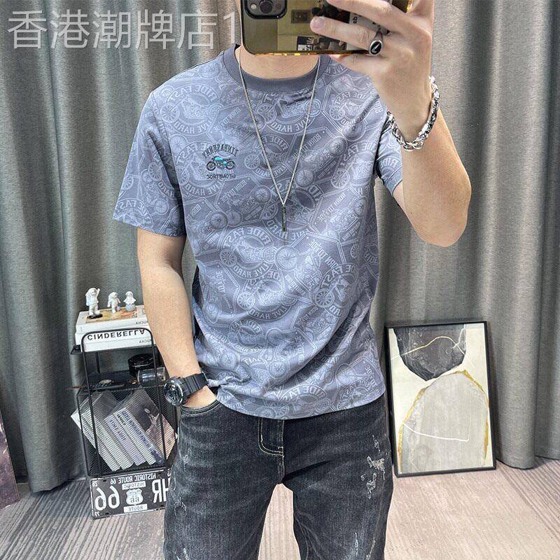 欧美范短袖t恤男士纯棉2025夏季新款潮流个性印花修身半袖体恤男