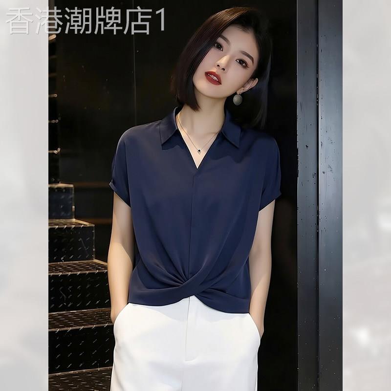 气质V领短袖衬衫女夏季新款藏青色扭结上衣显瘦高级感小个子小衫