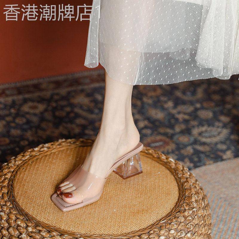 透明半拖凉鞋女夏季外穿拖鞋2026年新款粗跟网红百搭水晶高跟鞋子