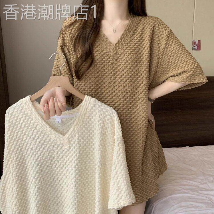 纯色宽松短袖T恤女2026夏季新款大码女装BF慵懒风中长款V领上衣