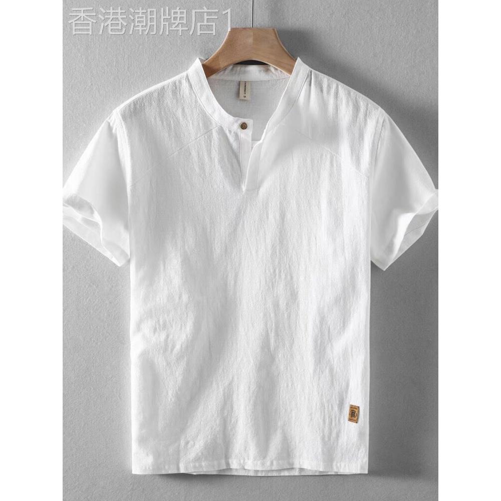 UASK亚麻短袖t恤男夏季2025新款立领白色高端休闲男士POLO衫宽松