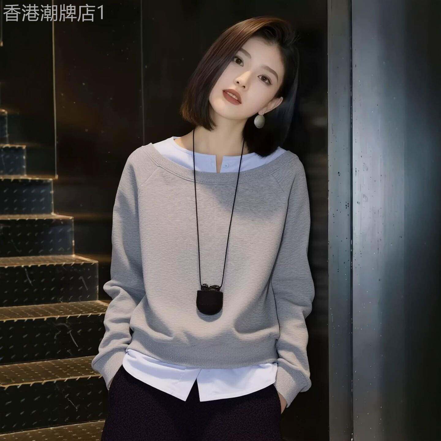 高级感撞色假两件套头卫衣女2026秋冬季大码胖MM宽松休闲长袖上衣