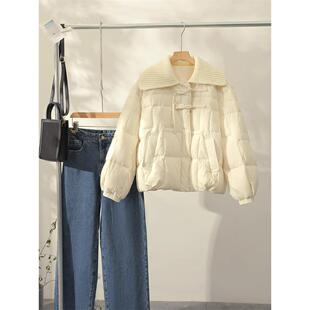 潮牌短款羽绒服女2025冬季新款针织大翻领中式国风盘扣宽松面包服