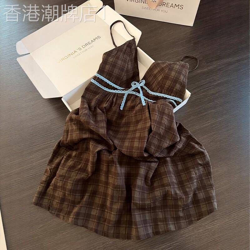 法国BERYDIA韩版复古格纹蕾丝边吊带睡裙女夏新款宽松舒适家居服