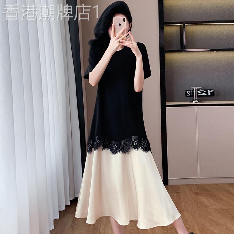 假两件短袖洋装女夏季2026新款时尚蕾丝花边宽松显瘦T恤长裙女