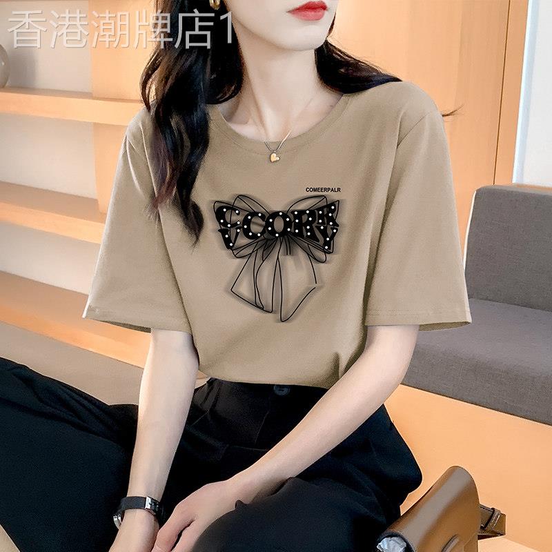 纯棉短袖t恤女2026新款夏季宽松显瘦时尚蝴蝶结别致设计感上衣潮