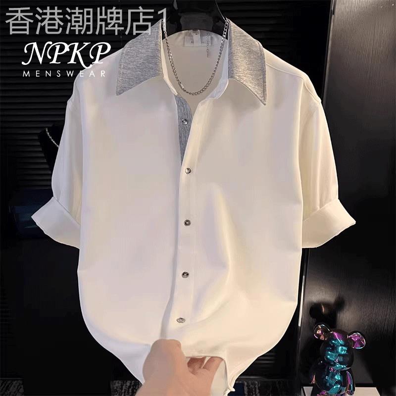 小香风拼接短袖衬衫男夏季新款韩版翻领垂感衬衫潮牌冰丝半袖上衣