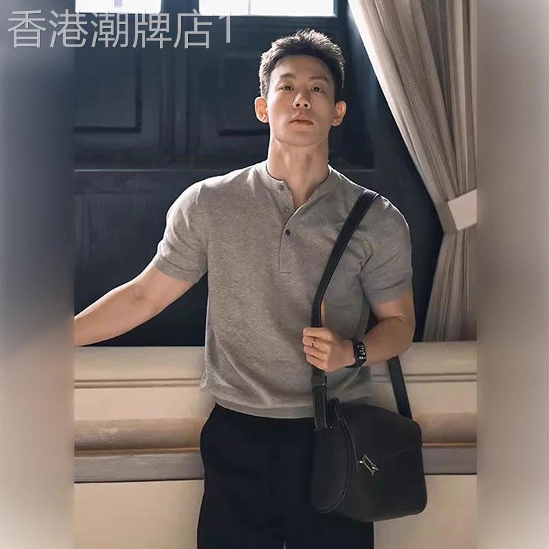 高端男士美式亨利领短袖polo衫2025夏季重磅正肩袖口收紧半袖t恤