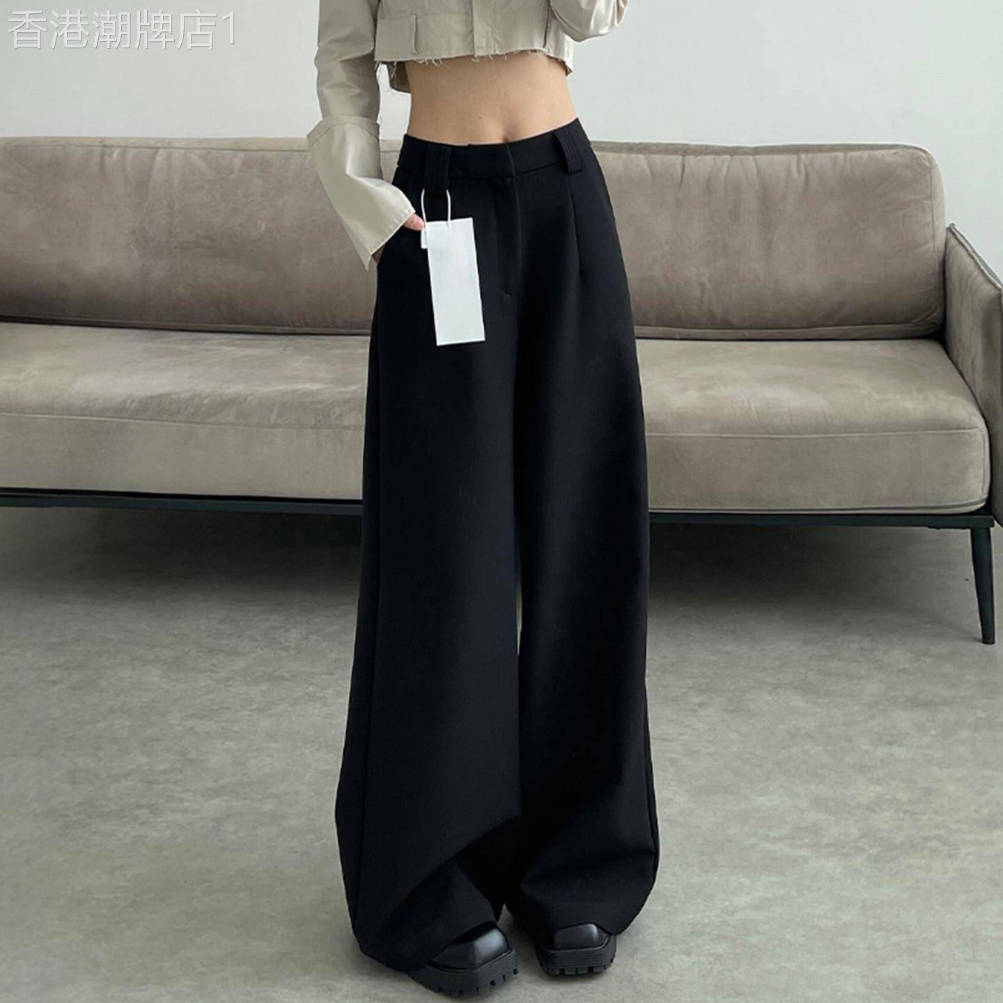 黑色阔腿休闲西装裤女秋季2025新款梨型身材高腰显瘦垂感直筒裤子