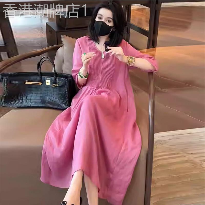 欧洲站高级感气质V领苧麻洋装女2026夏季新款法式温柔风长裙子