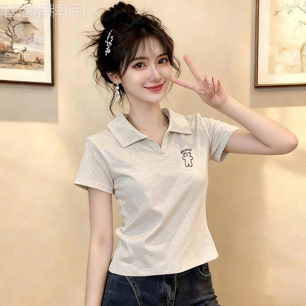 白色polo领纯棉短袖t恤女夏季百搭高级感修身显瘦翻领小个子上衣